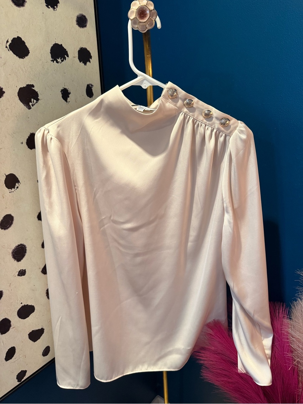 High-Neck Satin Blouse with Decorative Shoulder Buttons - Cream